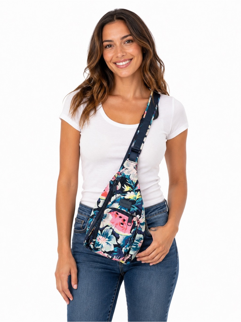 Vera Bradley Navy Floral Crossbody Sling with Pink Accents